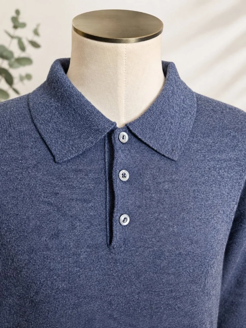 AMARO Made in Italy Blue Gray Merino Wool Cashmere Angora Knit Polo Sweater
